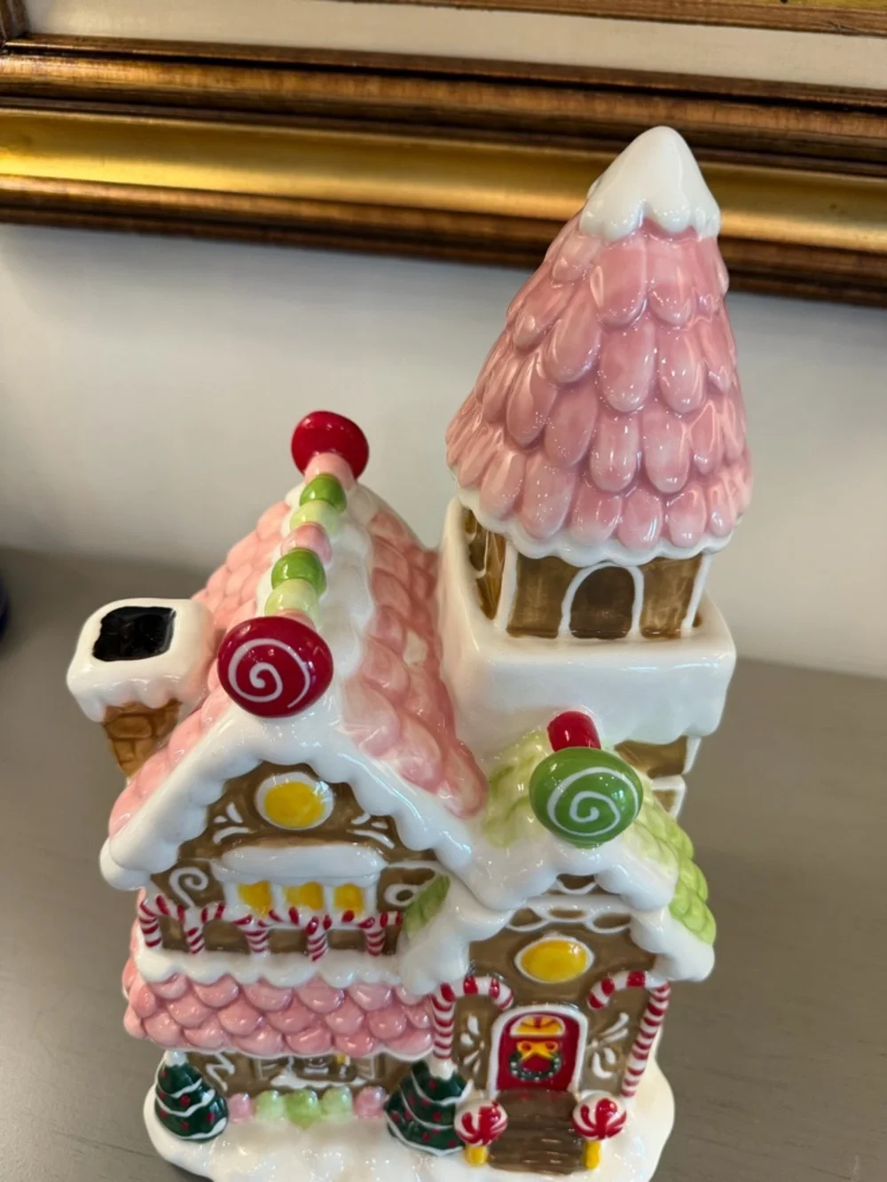 Retired Blue Sky Clayworks Christmas Gingerbread Ceramic House Cookie Jar 12